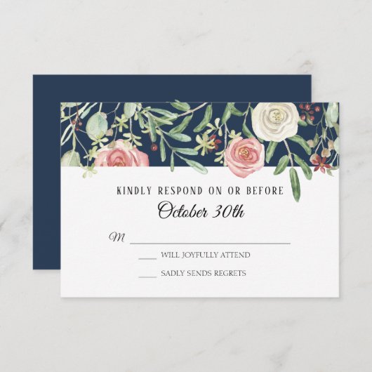 UAWG Wedding Navy Blush Elfenbein Rose Foliage Lea Einladung (Vorne/Hinten)