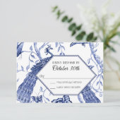 UAWG Wedding Navy Chinoiserie Peacock Butterflies Einladung (Stehend Vorderseite)