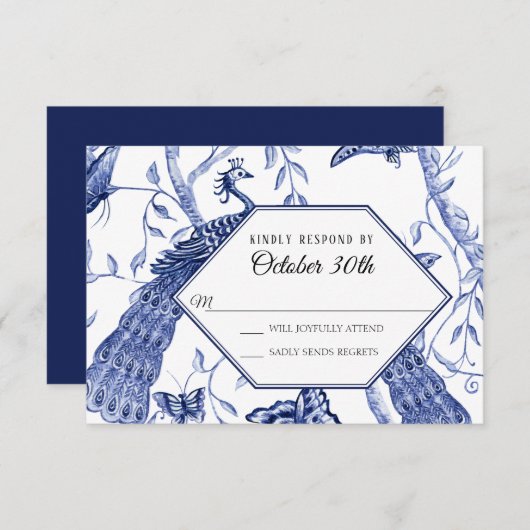 UAWG Wedding Navy Chinoiserie Peacock Butterflies Einladung (Vorne/Hinten)