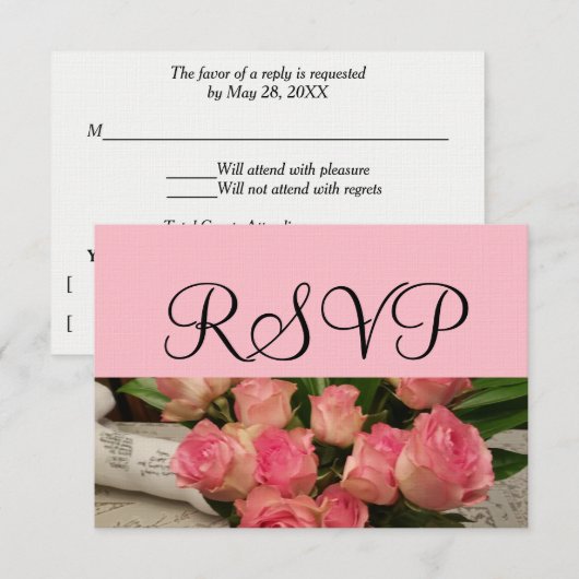 UAWG Wedding Pink Rose Bouquet Silver RSVP Karte (Vorne/Hinten)