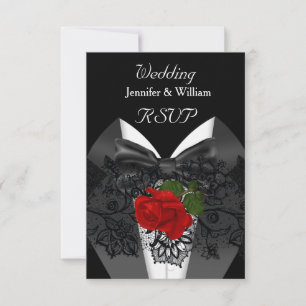 UAWG Wedding Schwarz-weiß Tuxedo Deep Rote Rose RSVP Karte