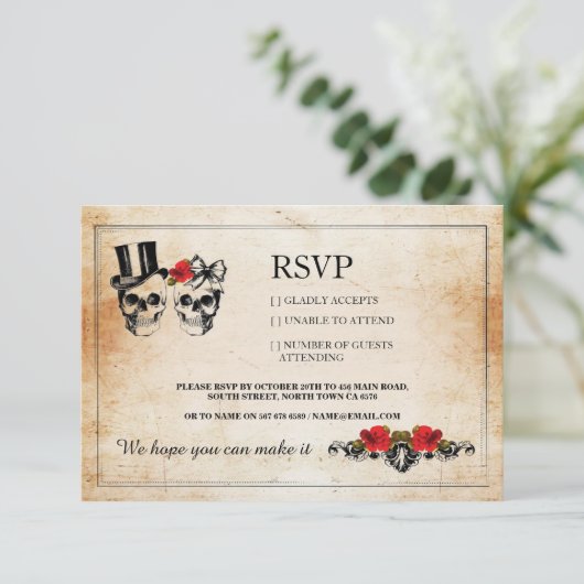 UAWG Wedding Skulls Skull Rose Rustikale Karten (Stehend Vorderseite)