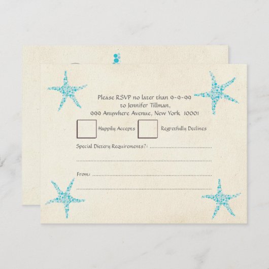 UAWG Wedding Turquoise Aqua Starfish RSVP Karte (Vorne/Hinten)