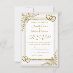 UAWG Wedding Vintag Cream White Gold Hearts RSVP Karte