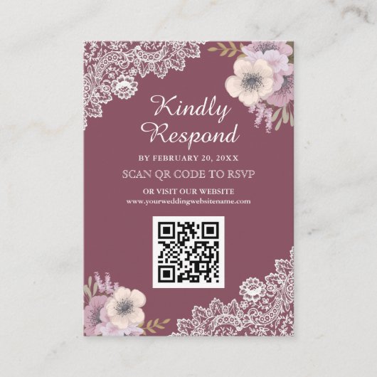 UAwg Wedding Website von Pink Floral Lace QR Code Begleitkarte (Vorderseite)