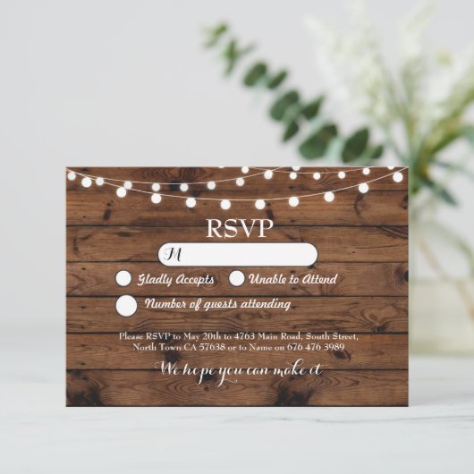 UAWG Wedding Wood Cards Rustikale Lichter laden ei Einladung (Stehend Vorderseite)