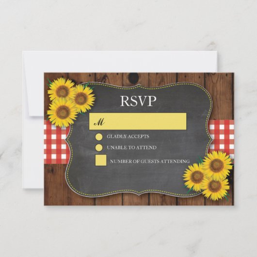 UAWG Wedding Wood Rustic Red Karo Sonnenblume RSVP Karte (Vorderseite)
