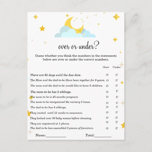 Über das Moon Thema|Über oder unter Babydusche Postkarte (Vorderseite)