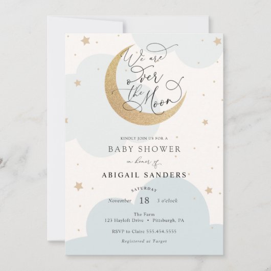 Über dem Gold Moon Blue Baby Dusche Einladung (Vorderseite)