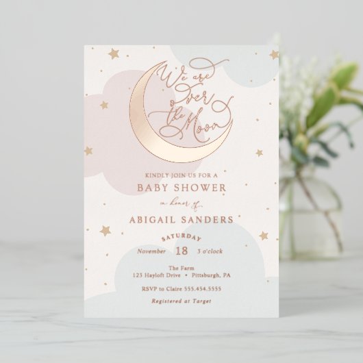 Über dem Gold Moon Rosa und Blue Baby Dusche Folieneinladung (Stehend vorne)