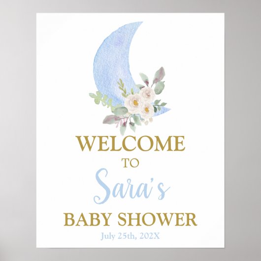 Über dem Mond Baby Shower Boy Begrüßungsschild Poster (Vorne)