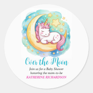 Über dem Mond Baby Shower – Schlafendes Einhorn Runder Aufkleber