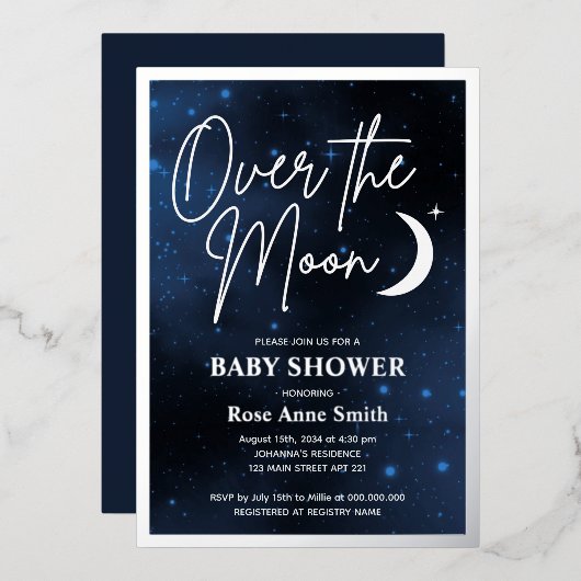 Über dem Mond Babydusche echtes Silber Folieneinladung (Vorderseite/Rückseite)