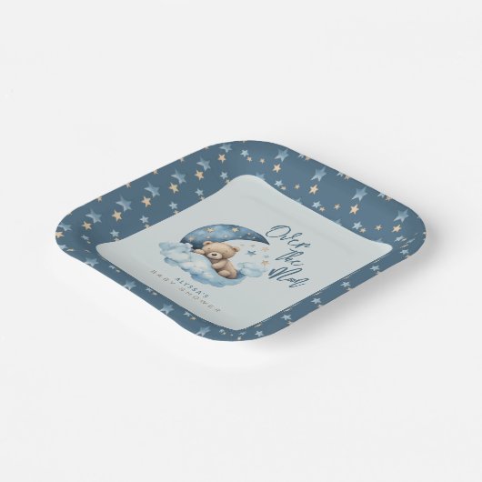 Über dem Mond Bear Teddy Blue Baby Dusche Pappteller (Gewinkelt)