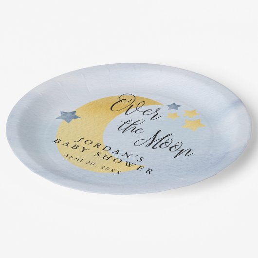 Über dem Mond, blaue Personalisierte Babydusche Pappteller (Schrägansicht)