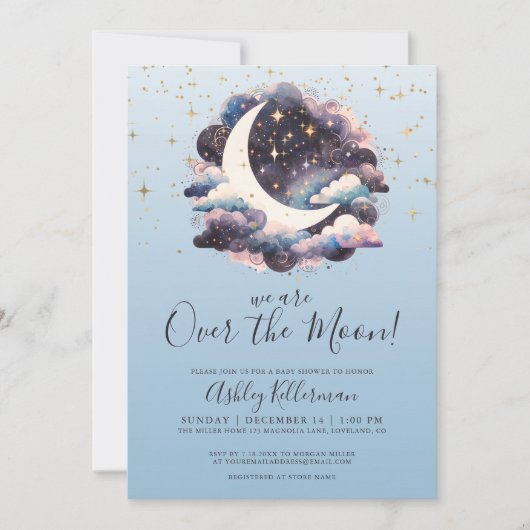 Über dem Mond Blue Baby Dusche Einladung (Vorderseite)