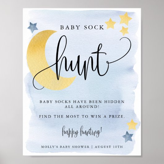 Über dem Mond, Blue Baby Shower Sock Hunt Game Poster (Vorne)