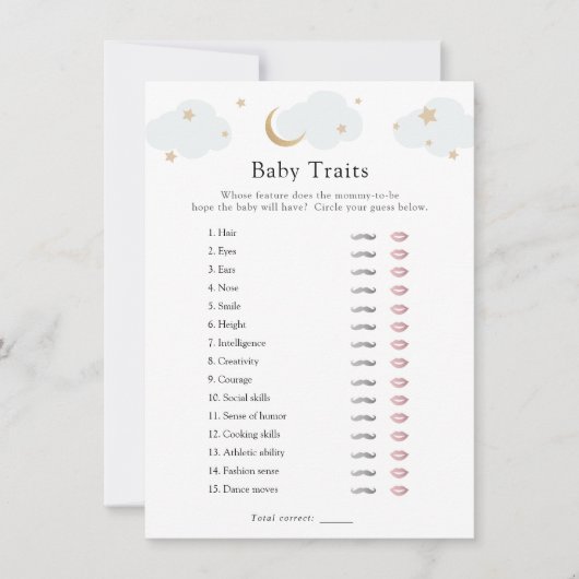 Über dem Mond Blue Baby Traits Shower Game Card Einladung (Vorderseite)