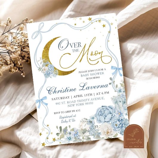 Über dem Mond Blue Bow Hydrangea Babydusche Einladung