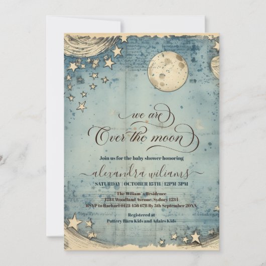 Über dem Mond Blue Boy Baby Dusche Einladung (Vorderseite)