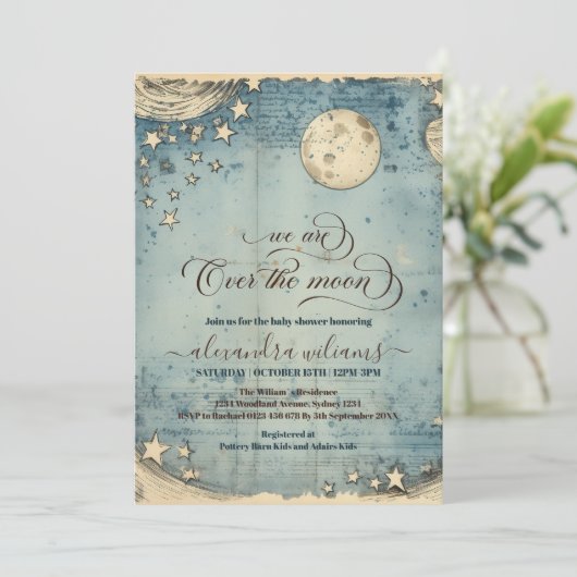 Über dem Mond Blue Boy Baby Dusche Einladung (Stehend Vorderseite)