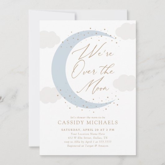 Über dem Mond Blue Boy Baby Dusche Einladung (Vorderseite)