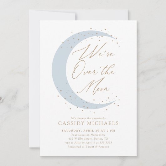 Über dem Mond Blue Boy Baby Dusche Einladung (Vorderseite)