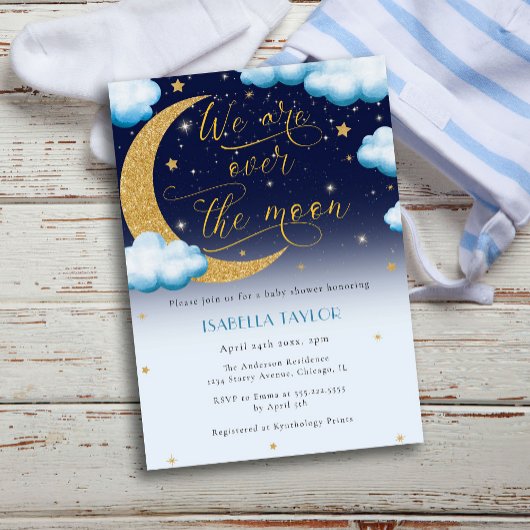 Über dem Mond Blue Boy Baby Dusche Einladung