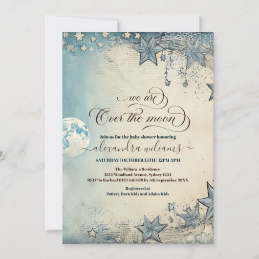 Über dem Mond Blue Boy Baby Dusche Einladung (Vorderseite)