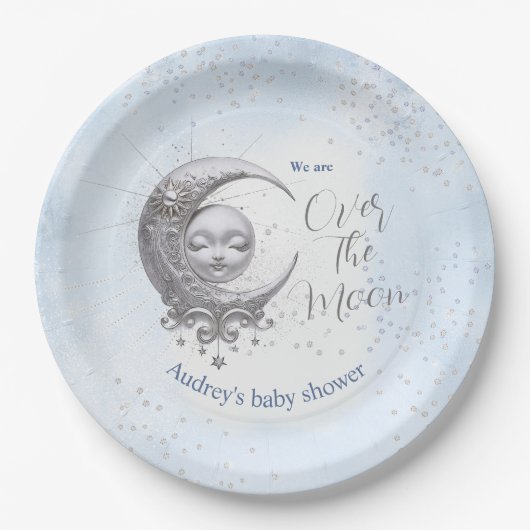 Über dem Mond Blue Boy Babydusche Teller (Vorderseite)