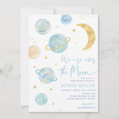 Über dem Mond Blue Boy Space Baby Dusche Einladung (Vorderseite)