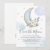 Über dem Mond Blue Gold Floral Boy Baby Dusche Einladung (Vorne/Hinten)