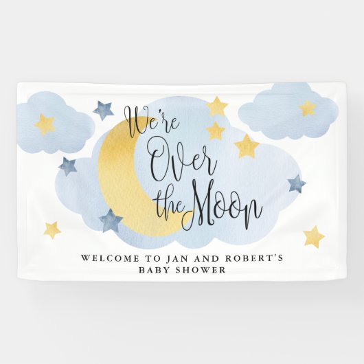 Über dem Mond, Blue Watercolor Babydusche Banner (Horizontal)