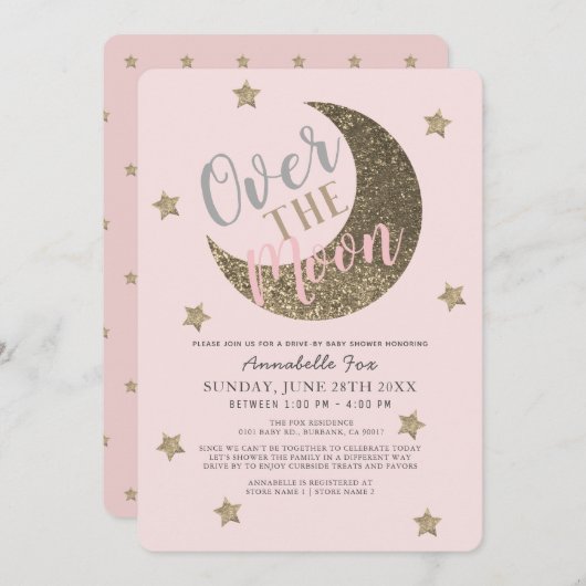 Über dem Mond Blush Pink mit der Baby-Dusche Einladung (Vorne/Hinten)