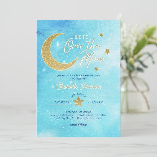 Über dem Mond Boy Babydusche Einladung - Blau (Stehend Vorderseite)