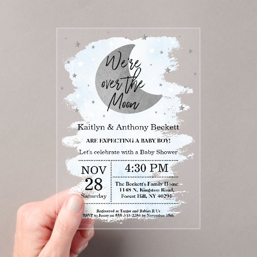 Über dem Mond | Boys Baby Dusche Acryleinladungen (Insitu (Handheld))