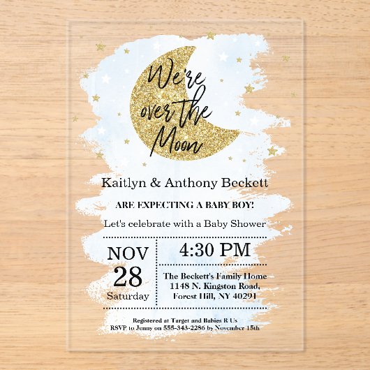 Über dem Mond | Boys Baby Dusche Acryleinladungen (Vorderseite)