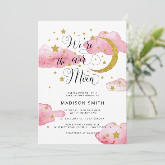 Über dem Mond Dreamy Gold Girl Babydusche Einladung (Stehend Vorderseite)