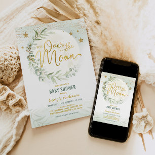 Über dem Mond Dreamy Greenery Gold Baby Shower Einladung