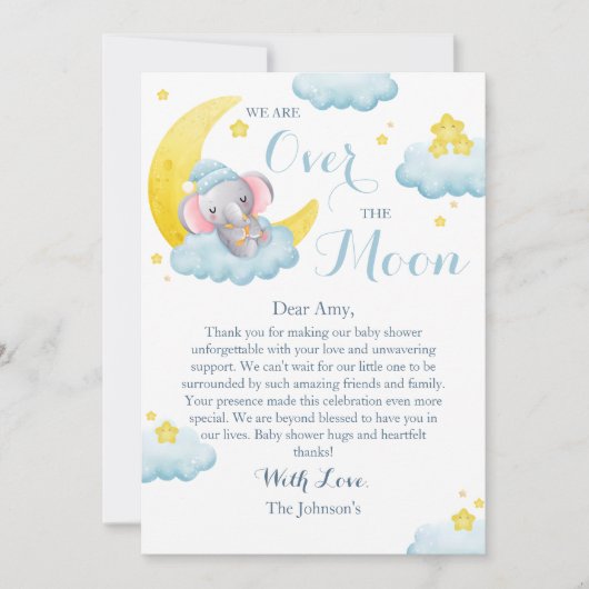 Über dem Mond Elefantenjunge Dusche Dankeskarte (Vorderseite)