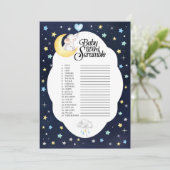 Über dem Mond Elephant Baby Word Scramble Game Einladung (Stehend Vorderseite)