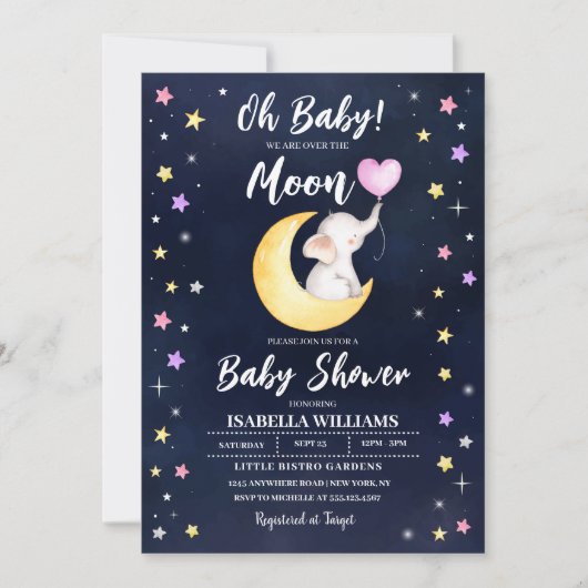 Über dem Mond Elephant Babydusche Einladung (Vorderseite)