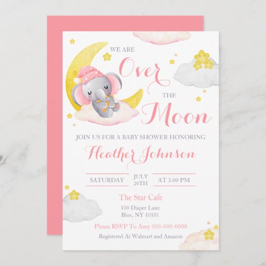 Über dem Mond Elephant Girl Babydusche Einladung (Vorne/Hinten)
