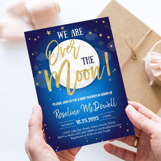 Über dem Mond Galaxy Space Themed Baby Dusche Einladung