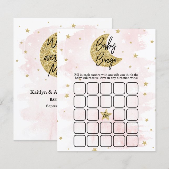 Über dem Mond | Girls Baby Shower Bingo (Vorne/Hinten)
