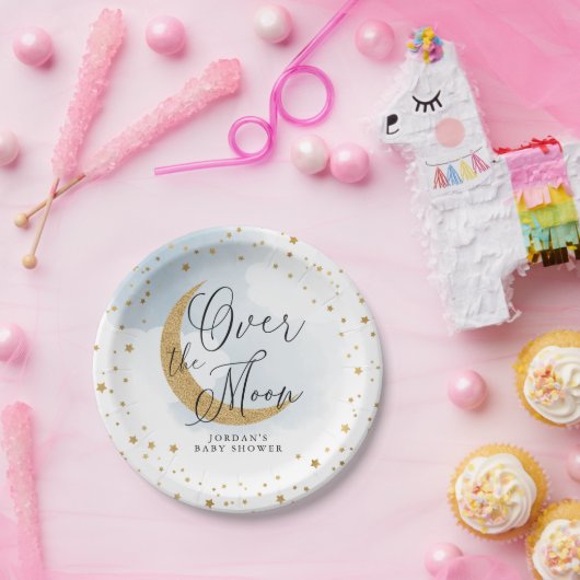 Über dem Mond, Gold Glitzer Blue Baby Dusche Pappteller (Party)