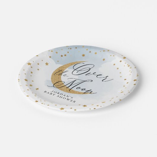 Über dem Mond, Gold Glitzer Blue Baby Dusche Pappteller (Schrägansicht)
