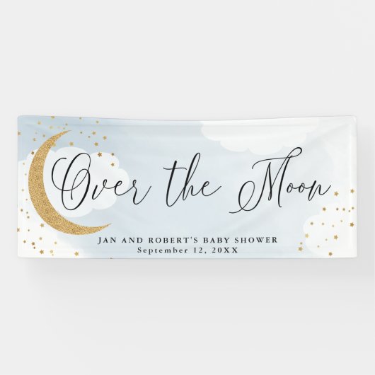 Über dem Mond, Gold Glitzer Blue Baby Shower Party Banner (Horizontal)