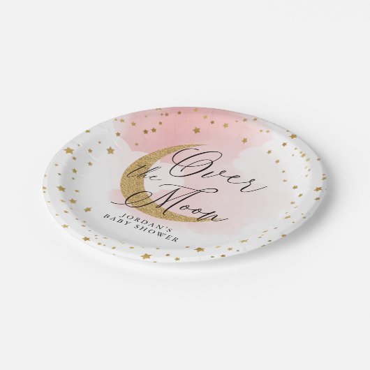 Über dem Mond, Gold Glitzer Pink Baby Dusche Pappteller (Schrägansicht)