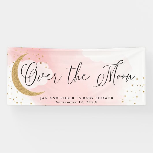 Über dem Mond, Gold Glitzer Pink Baby Dusche Party Banner (Horizontal)